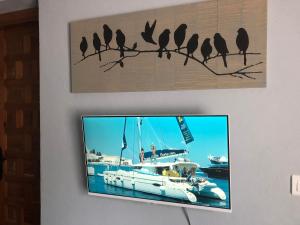 a tv hanging on a wall with birds on a branch at Finca Las Campanas II in Villanueva de la Concepción
