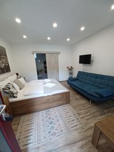ein Wohnzimmer mit einem Bett und einem blauen Sofa in der Unterkunft Adamkó Borkert Ház in Villány