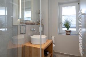 ヴェスターラントにあるHedighues App 9 Seagullのバスルーム(洗面台、ガラス張りのシャワー付)