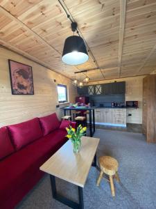 a living room with a red couch and a table at Rajski Domek in Sadowie