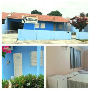 two pictures of a blue house and a refrigerator at Casa Recanto dos Cangaceiros in Piranhas