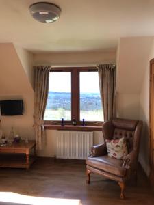 a living room with a chair and a large window at Druid View B&B in Inverness