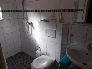 a bathroom with a sink and a shower and a toilet at Ferienwohnung Familie Bauer in Kelheim
