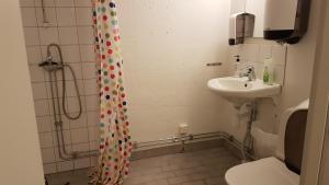 baño con lavabo y cortina de ducha con lunares en Skeppsdockans Vandrarhem, en Söderköping