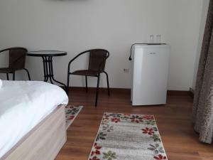 Vila Ovidiu في بايلي هيركولان: غرفة فيها ثلاجة وطاولة وكراسي