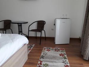 a room with a refrigerator and a table and chairs at Vila Ovidiu in Băile Herculane