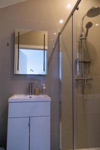 a bathroom with a shower, sink, and toilet at Largigi, Free Parking, Close to the Beach and Town Centre Rooms in Lyme Regis