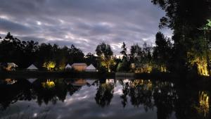 - une vue nocturne sur un lac avec des arbres et des maisons dans l'établissement Palumbo Glamping & Villas, à Cayambe