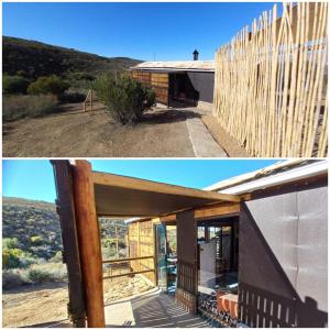 dos fotos de una casa con una valla de madera en Protea Lodge - Glamping in the Karoo, en Barrydale