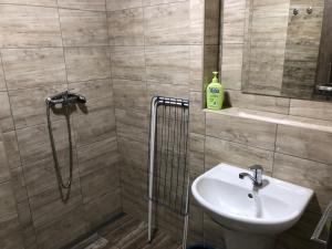 La salle de bains est pourvue d'un lavabo et d'une douche avec un miroir. dans l'établissement Chata Relax, à Bítov