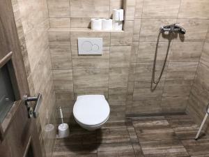 um banheiro com vaso sanitário e chuveiro em Chata Relax em Bítov