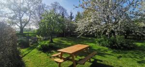 einen hölzernen Picknicktisch auf einem Feld mit Bäumen in der Unterkunft Le Repos des Crins Noirs in Esson