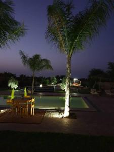 une table, des chaises et un palmier à côté de la piscine dans l'établissement RIAD - Jnan Bnati - Pool, à Marrakech