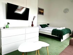 a bedroom with a bed and a tv and a chair at Apartament Opal - ul. Grunwaldzka przy plaży in Pobierowo