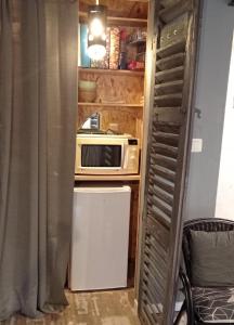eine kleine Küche mit einer Mikrowelle und einem Kühlschrank in der Unterkunft Les chambres du magnolia in Canet