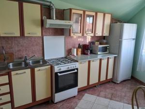 a kitchen with a stove and a sink and a refrigerator at Casa Spatar in Sibiu