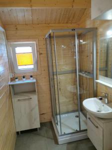 W łazience znajduje się szklana kabina prysznicowa i umywalka. w obiekcie Domki Marcus w Rowach