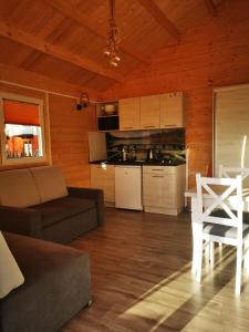 ein Wohnzimmer mit einem Sofa und einer Küche in der Unterkunft Domki Marcus in Rowy