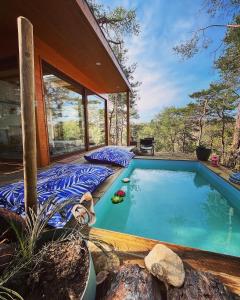 une maison avec une piscine dans une forêt dans l'établissement Admirez la Nature, séjourner différemment !, à Montagnac