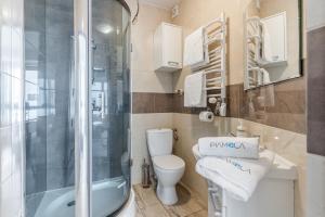a bathroom with a shower and a toilet and a sink at Apartamenty PIAMOLA Omega in Kąty Rybackie