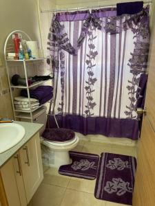 ein Badezimmer mit einem lila Duschvorhang und einem WC in der Unterkunft Luxury Manor 2 Bedroom /1 Bathroom House w/electric fireplace, in Montego Bay