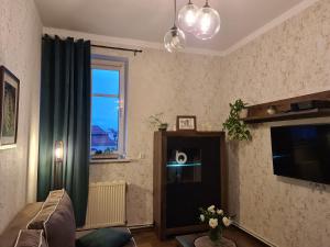 uma sala de estar com um sofá, uma televisão e uma janela em Apartament w Rynku For You em Bolesławiec