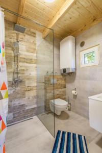 a bathroom with a toilet and a glass shower at Domki Piamola Kąty Rybackie in Kąty Rybackie