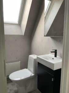 a bathroom with a toilet and a sink and a window at Högklint by the Sea Apartment in Visby