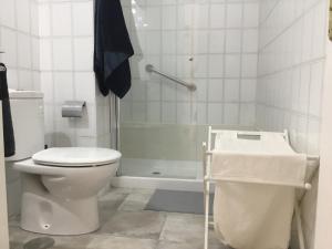 a white bathroom with a toilet and a shower at Apartamento Los Cristianos Tres minutos Playa las vistas in Arona