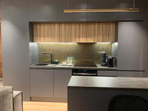 a kitchen with a sink and a stove at Luxury Apartament Wyszyńskiego in Radom