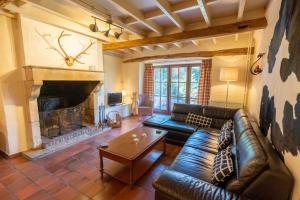 a living room with a couch and a fireplace at La Fagne Fleurie Les Myrtilles en Les Camomilles in Vielsalm