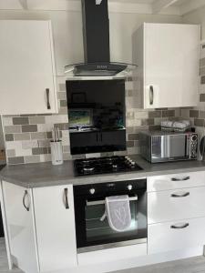 a kitchen with a stove and a microwave at Lakeview Lodge, Builth Wells (pet friendly) in Builth Wells