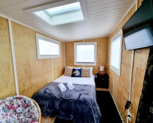 a bedroom with a bed and a tv and windows at Dunedin Luxurious Retreat Cabin in Dunedin