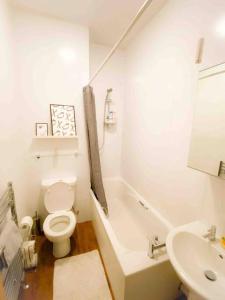a white bathroom with a toilet and a sink at Entire Stylish 1 Bedroom Flat with Free Parking in Dundee