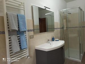 La salle de bains est pourvue d'un lavabo et d'une douche avec un miroir. dans l'établissement Bed & Breakfast Le cicale e la formica, à Casarza Ligure