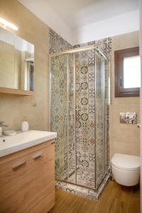 a bathroom with a shower with a toilet and a sink at Elizabeth stone house in Nea Roda