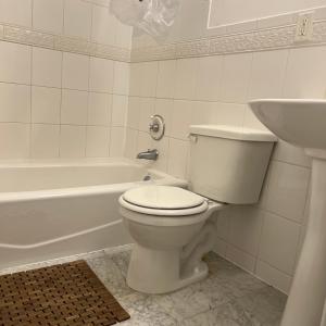 La salle de bains est pourvue de toilettes, d'un lavabo et d'une baignoire. dans l'établissement Harlem House, à New York