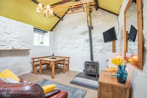 a living room with a couch and a wood stove at Celyn Farm Cottage in Cwm-y-glo