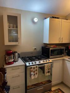 a kitchen with a stove and a microwave at Peaceful 1-bedroom 1bath, WIFI, Air Conditioning in Montego Bay +15 photos
