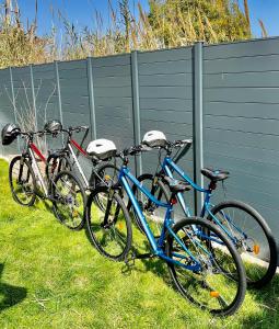 drei Fahrräder im Gras neben einem Zaun geparkt in der Unterkunft High Standing! 200m2 Private Garden Jacuzzi Sun Bed & Interior Spa in Antibes