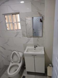 a bathroom with a toilet and a sink and a mirror at Samana house in Santa Bárbara de Samaná