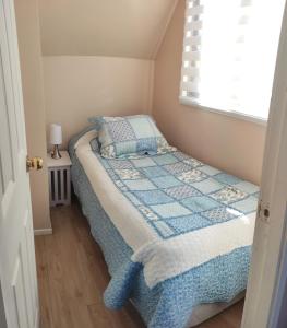 um pequeno quarto com uma cama e uma janela em ENTRE CISNES 1, 2 y 3 Dorm em Valdivia