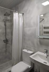 y baño con aseo, lavabo y ducha. en Hotel Devino, en Kutaisi