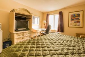 una camera con letto, scrivania e TV di The Village Inn a Elora