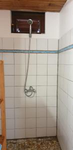a shower in a bathroom with white tiles at Chalet mer et montagne in Sainte-Anne