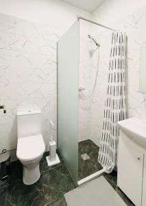 a bathroom with a toilet and a shower at Green apartments Easy Kaunas in Kaunas