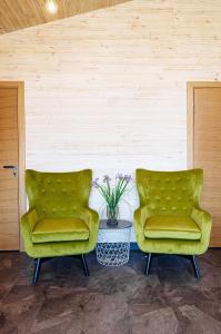 two green chairs sitting next to a table with flowers at Holiday Houses LILLE`S with sauna in Alūksne