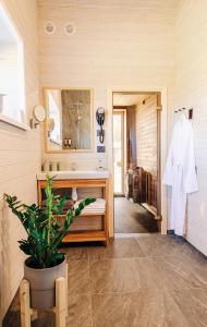 een badkamer met een wastafel, een spiegel en een plant bij Holiday Houses LILLE`S with sauna in Alūksne