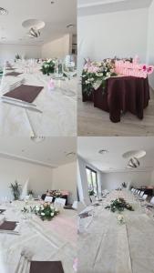 Le Castella B&B Restaurant في لا كاستيلا: غرفة مع طاولة طويلة مع الزهور عليها