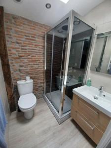 y baño con aseo, ducha y lavamanos. en Apartamento en el Casco Histórico de Plencia, en Plentzia